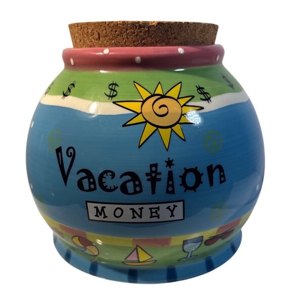 Vacation Money Ceramic Jar With Cork Lid Bella Casa By Ganz 5" Tall - Picture 1 of 7